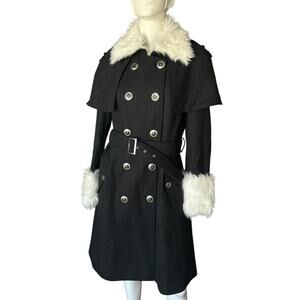 NWT St. Sereno Faux Fur Double Breasted Peacoat With Belt Size Small